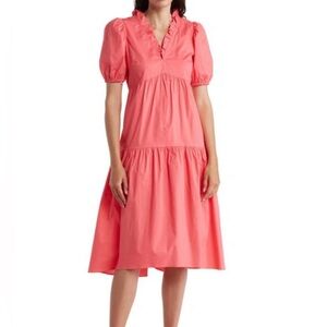 Coral Puff Sleeve Tiered Midi Dress